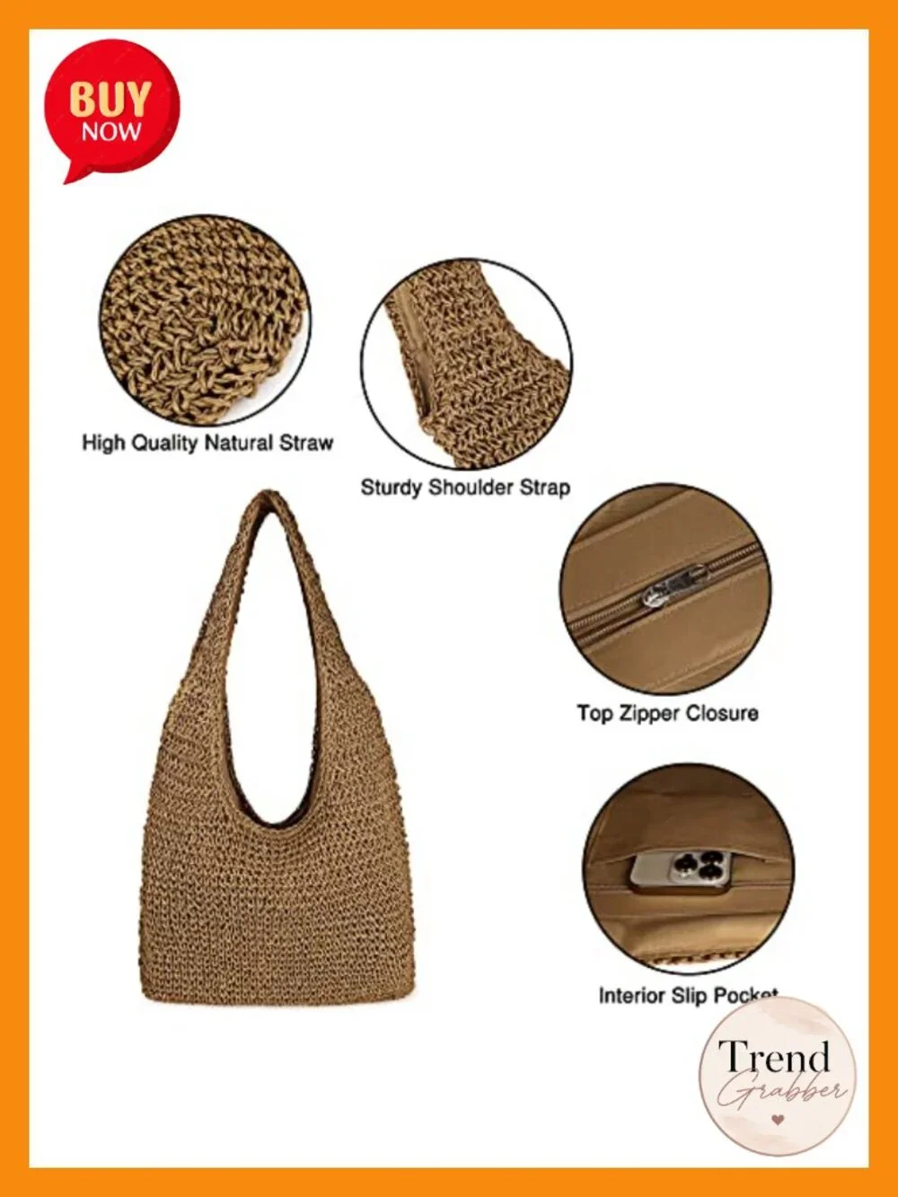 Handwoven Straw Beach Bag Large Woven Hobo Tote Shoulder Bag Summer Purse